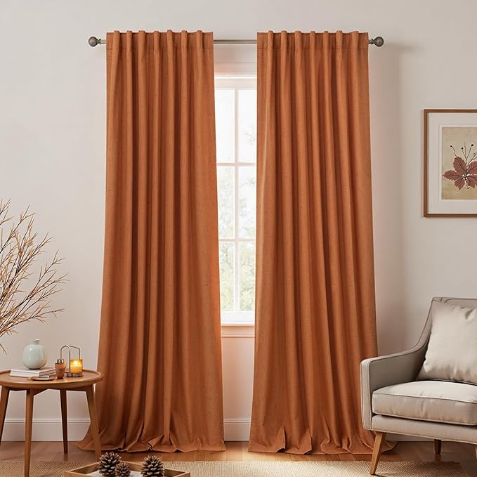 KOUFALL Retro Curtains 90 Inches Long Blackout Linen Dark Orange MCM Mid - Image 9
