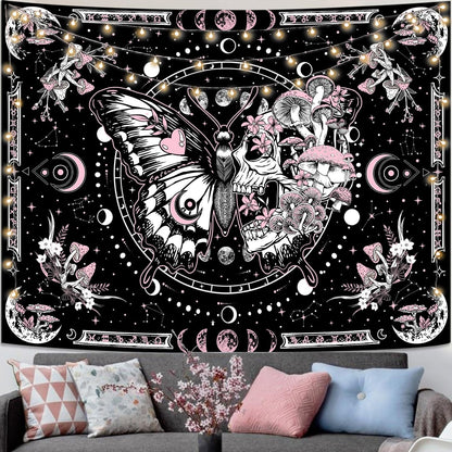 Fungarth Skeleton Butterfly Tapestry Pink Skull Hippie Mushroom Plants Tapestry for Bedroom Moon phase Aesthetic Tapestries Wall Hanging for Living Room Dorm (Pink, 48” x 36”)