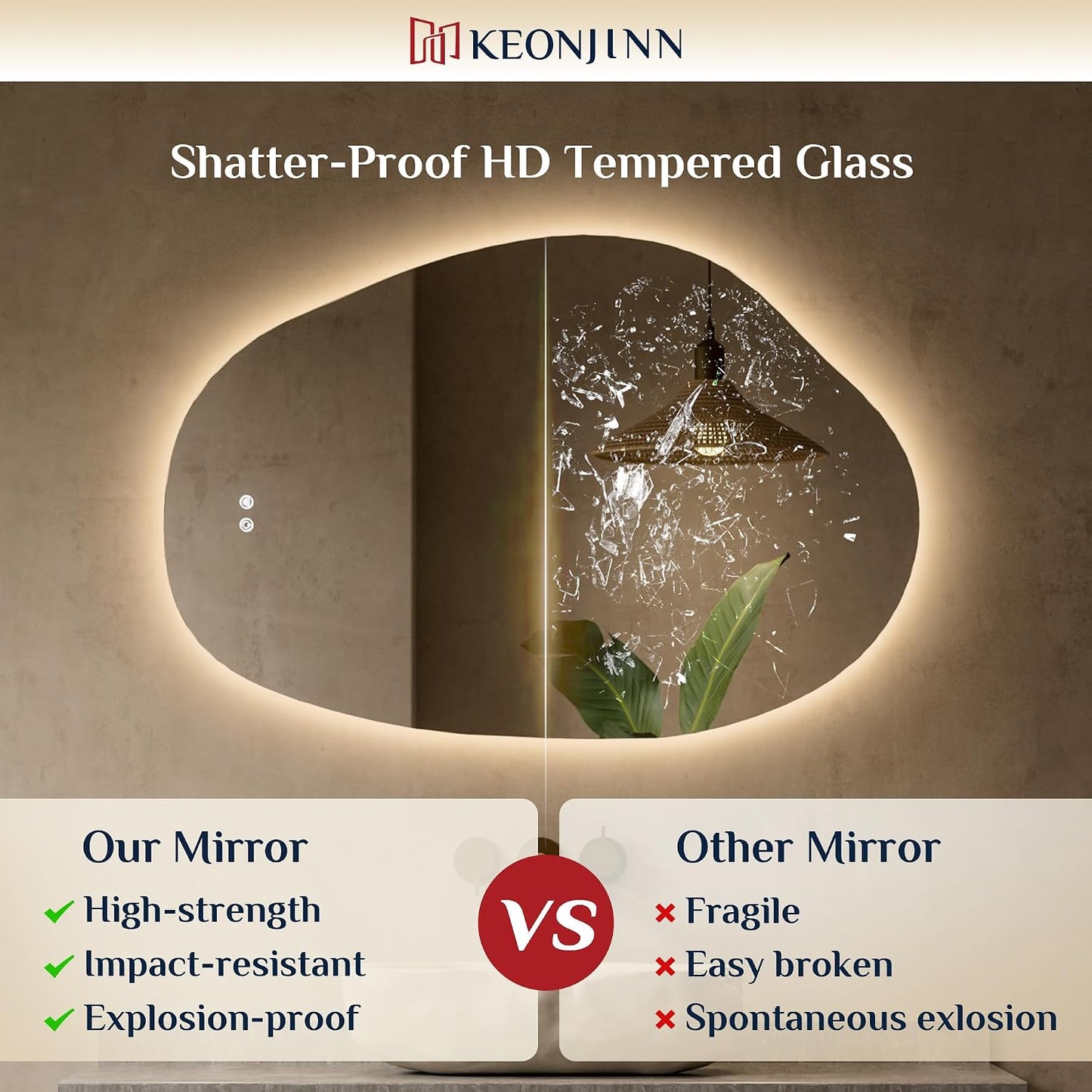 Keonjinn 24 x 36 Inch Irregular Bathroom Mirror with Lights, Tempered Glass | Asymmetrical Backlit Mirror, Stepless Dimmable with 3 Colors, Fast & Safe Defogging, Memory Function, Horizontal/Vertical