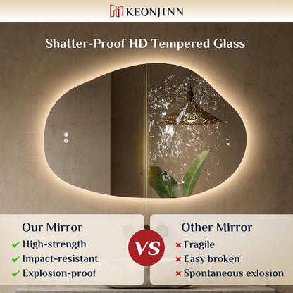 Keonjinn 24 x 36 Inch Irregular Bathroom Mirror with Lights, Tempered Glass | Asymmetrical Backlit Mirror, Stepless Dimmable with 3 Colors, Fast & Safe Defogging, Memory Function, Horizontal/Vertical