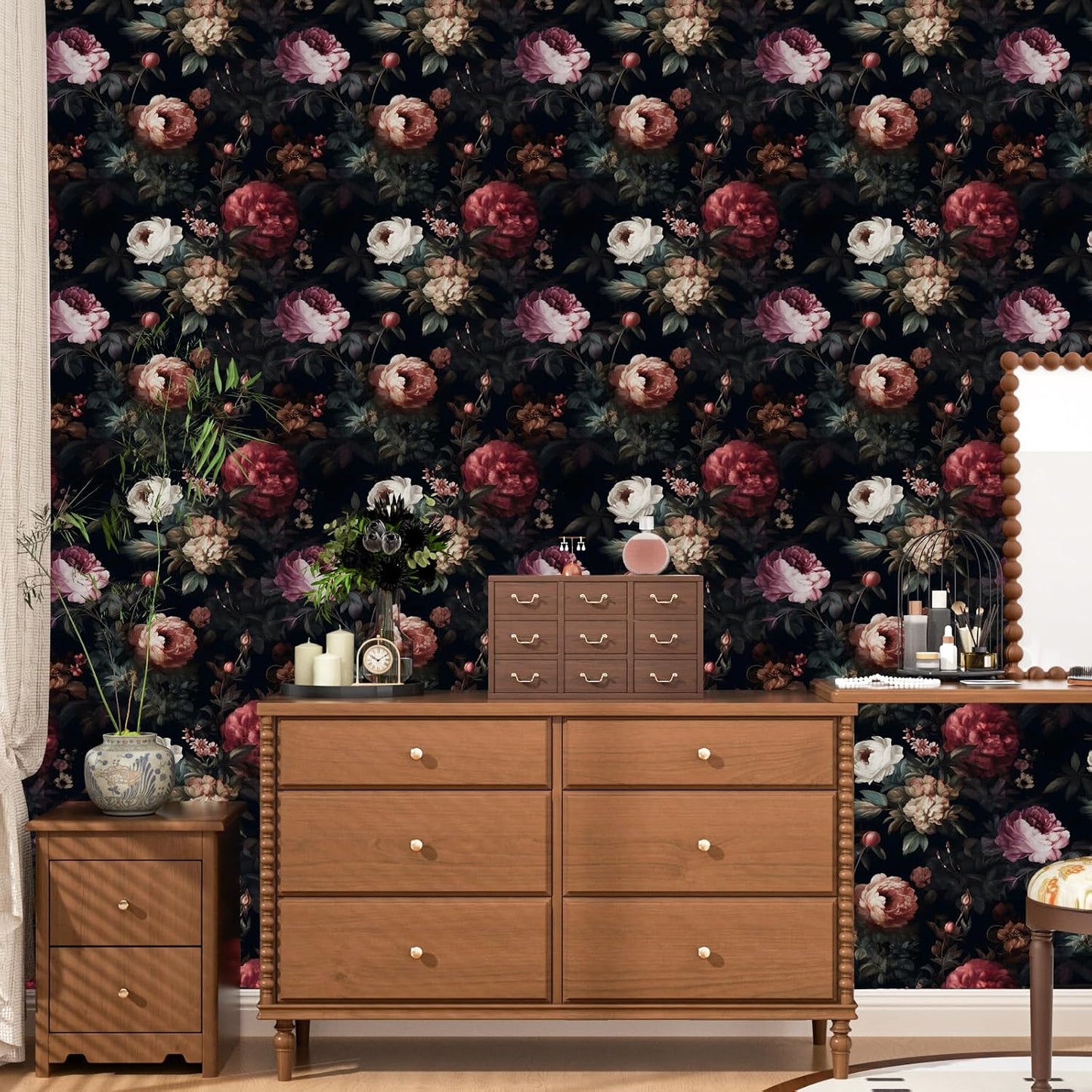 Black Vintage Floral Peel and Stick Wallpaper 17.5" x 118" | Waterproof Vinyl Self Adhesive Removable Renter Friendly Floral Contact Paper