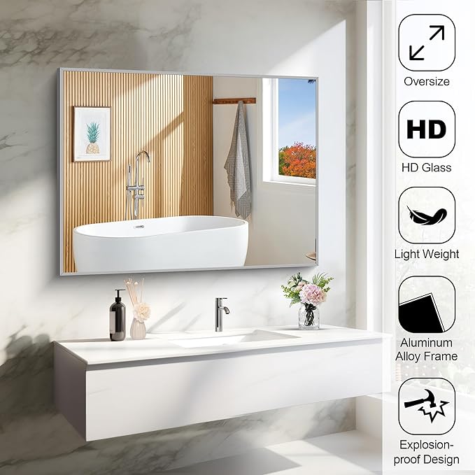 Silver Bathroom Mirror, Bathroom Rectangular Mirror Modern Wall Mirror - Image 3