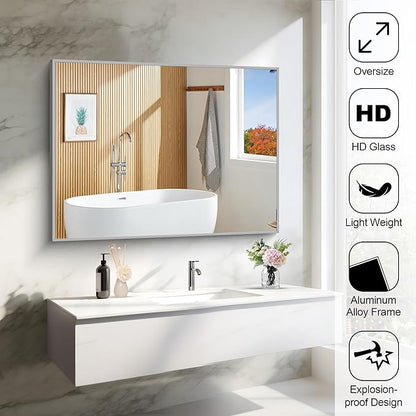 30x40In Silver Bathroom Mirror for Wall, Brushed Nickel Rectangle Mirrors - Image 5