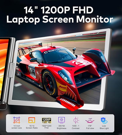 FOPO 14" Laptop Screen Extender, FHD 1200P IPS Monitor Extender, Just 1 Cable - Image 2