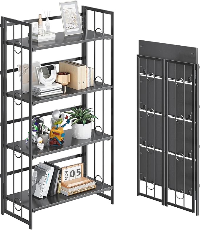 4NM No Assembly 4 Tiers Folding Bookshelf, 47.2" H Foldable Storage Shelves by 4NM