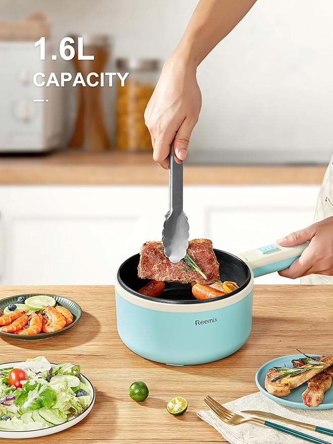 Hot Pot Electric With Steamer, 1.6L Ramen Cooker Non-Stick Sauté Pan - Image 4