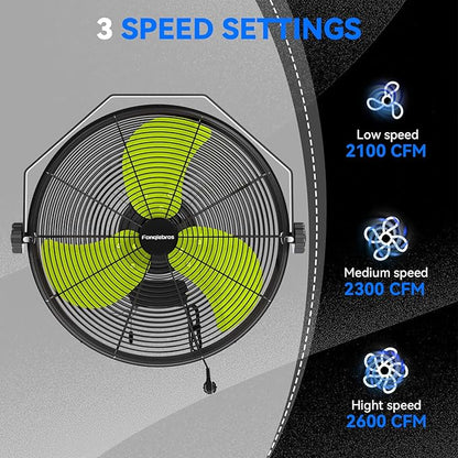 2600 CFM 14 inch Outdoor High Velocity Wall Mounted Fan, 3-Speed Metal Fans - Image 2