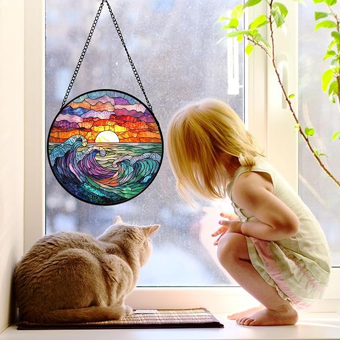 DASTOLL Stained Glass Window Hanging, Clouds and Sea Waves Suncatcher Diamond - Image 3