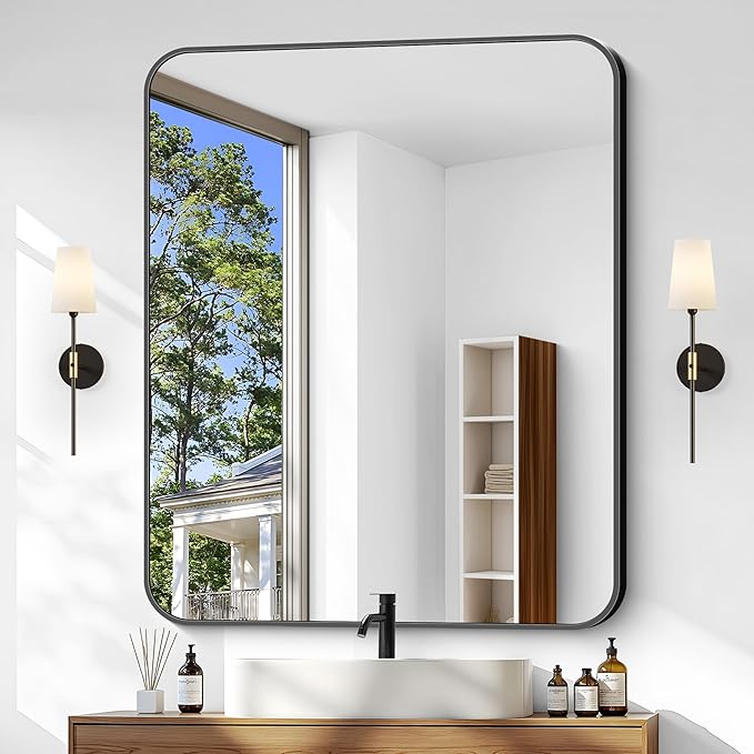 Bathroom Mirror, 36 x 30 inch Metal Framed Black Rectangle Mirror, Rounded by WelcometoCIVENO