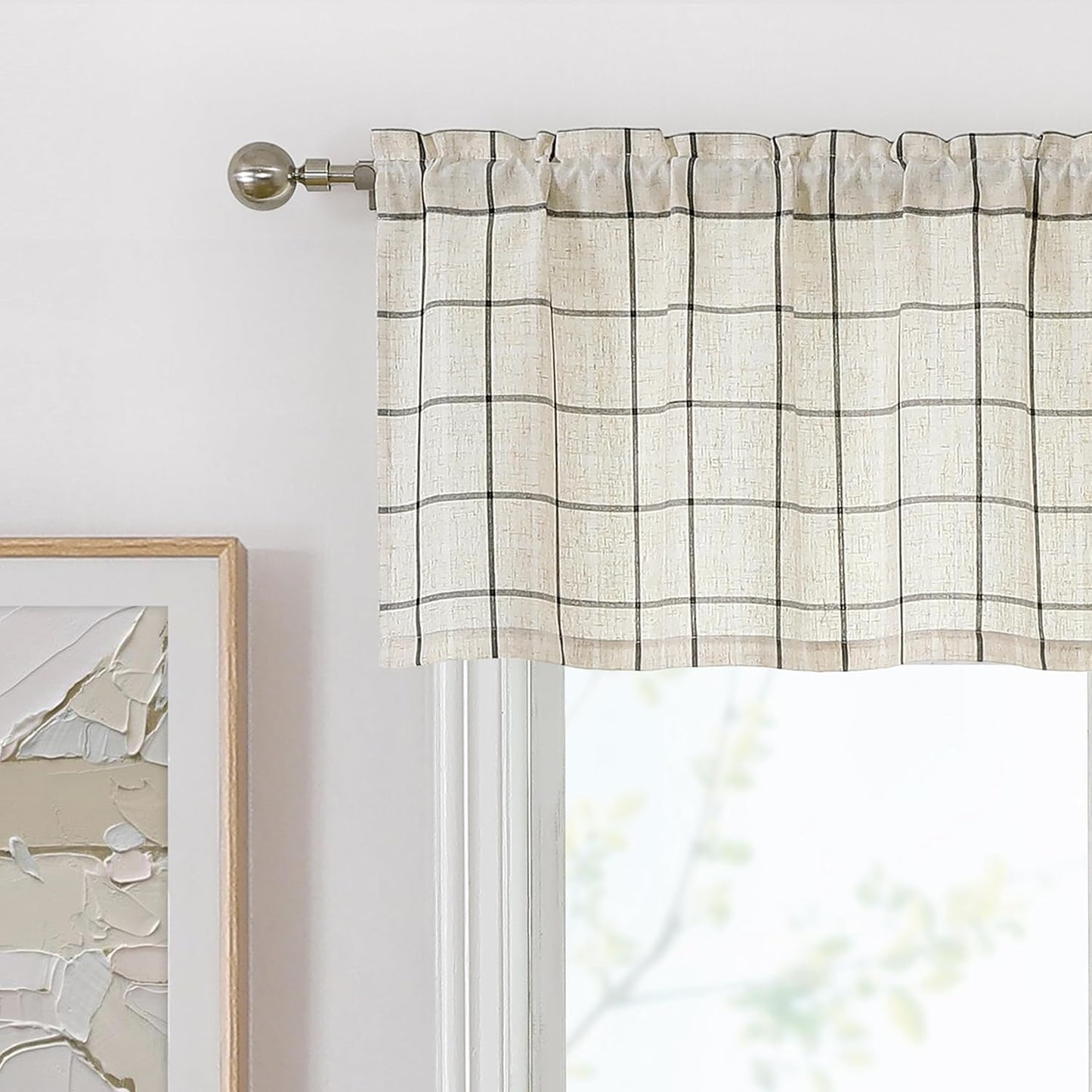 Buffalo Plaid Café Curtain Valances for Kitchen 55"x15"x1 | Woven Black Stripes on Beige Linen Textured Farmhouse Checkered Window Treatment for Bathroom Kitchen,Rod Pocket