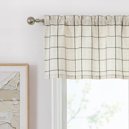 Buffalo Plaid Café Curtain Valances for Kitchen 55"x15"x1 | Woven Black Stripes on Beige Linen Textured Farmhouse Checkered Window Treatment for Bathroom Kitchen,Rod Pocket