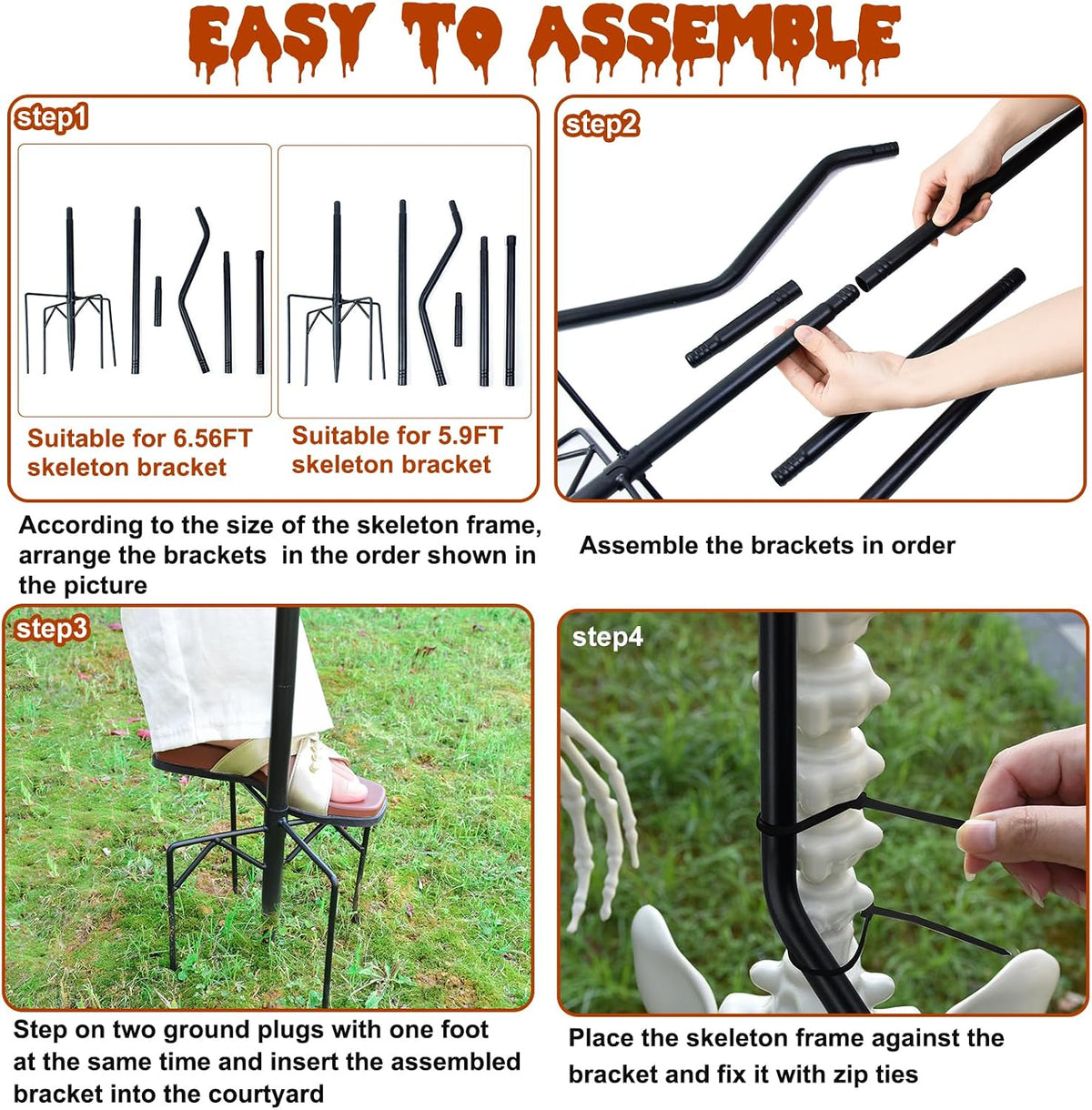2Set Adjust Metal Skeleton Stand for 5.9/6.56ft Halloween Skeleton,30 Ties