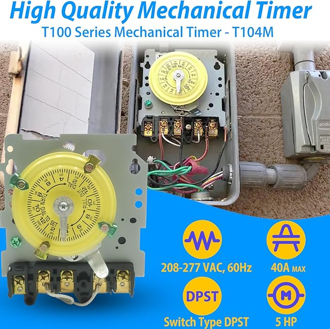 T104M Mechanical Time Switch, 208-277V AC, 5HP DPST, 24-Hour 12 ON/Off - Image 2