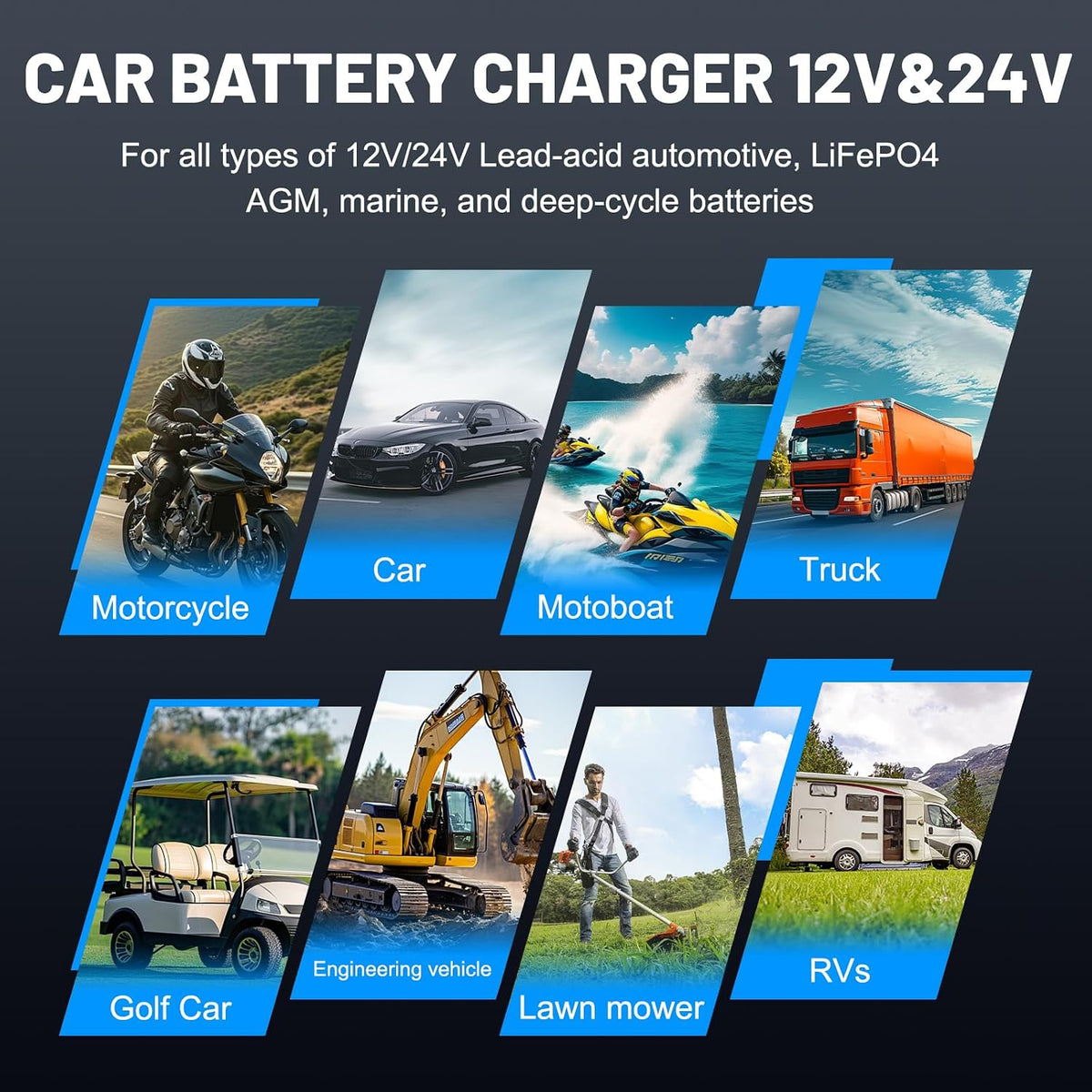 20A Smart Car Battery Charger, 12V/24V Trickle Charger Maintainer (Black)