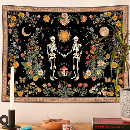 Wegklazax Skull Moon and Flowers Tapestry, Bohemian Hippie Gothic Wall Hanging for Room Decor, Mystical Altar Home Decor 60L x 44W