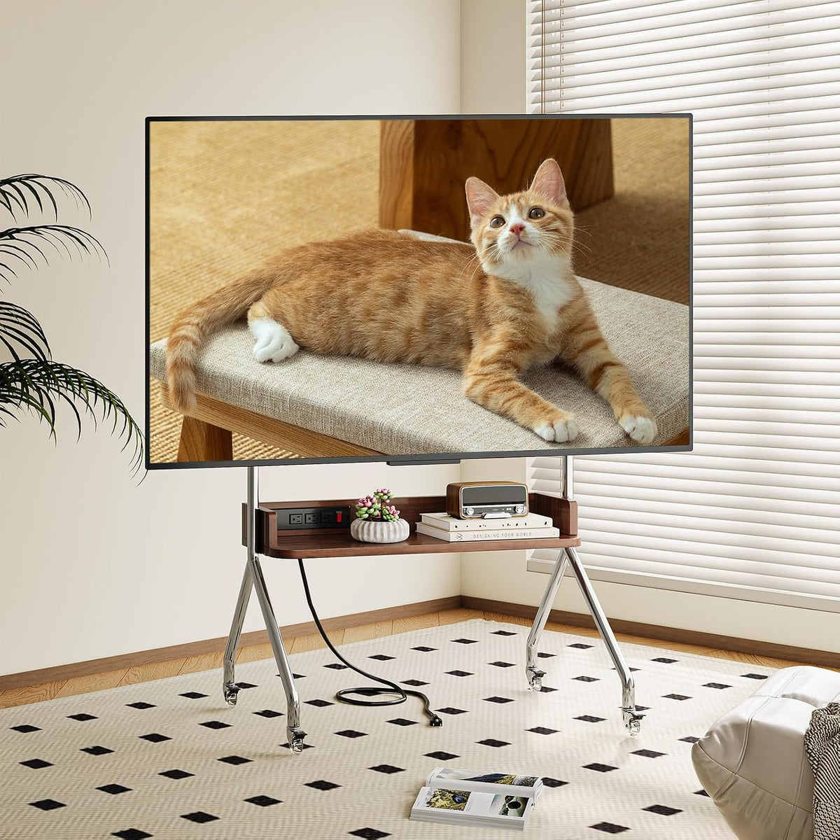 Rolling TV Stand with Power Outlet & Wooden Shelf,Stainless Steel Mobile ...