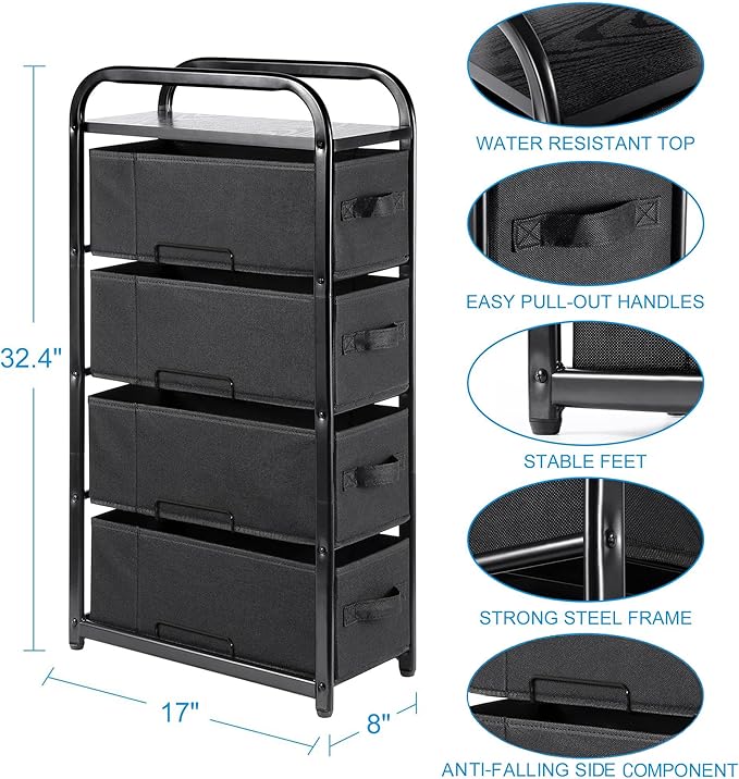 MAX Houser 4 Drawer Narrow Dresser Fabric Storage Tower Vertical Slim Storage - Image 3