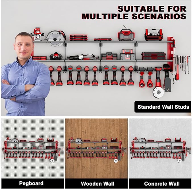 64" Power Tool Organizer Wall Mount, 16 Slots, 3-Tier Drill & Cordless Tool - Image 7