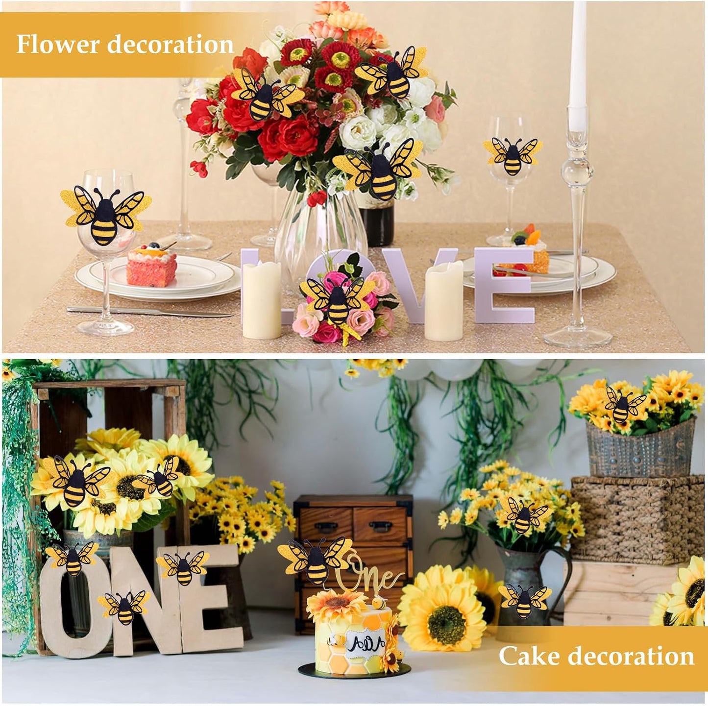 24pcs 3D Bee Stickers, 2 Sizes Tiny Ornaments for Honey Bee Party Wall Decor, Crafts, Embellishments, Clings - Perfect Decorations for Home Windows Parties
