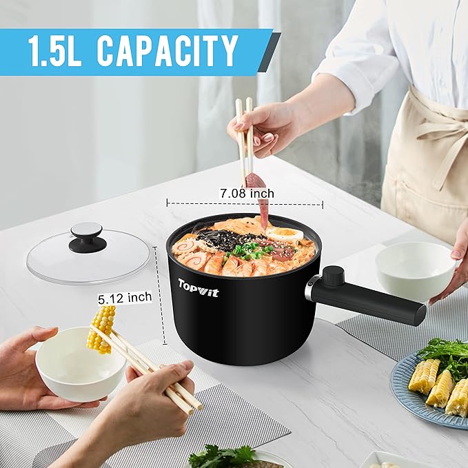 Topwit Hot Pot Electric, 1.5L Ramen Cooker, Portable Non-Stick Frying Pan - Image 3