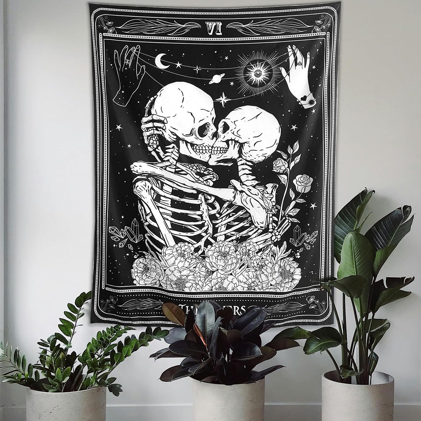 KJHL The Lovers Skull Wall Tapestry, Black and White Skeleton Wall Hanging | Gothic Room Decor,Dark Vertical Tarot Backdrop, Witchy Aesthetic Tapestries for Bedroom Living Room Dorm 60" x 44"