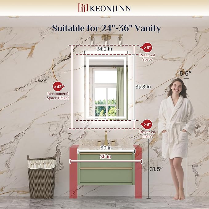 Keonjinn LED Mirror for Bathroom, 36 x 24 Inch, Wall Mounted, IP54 Waterproof - Image 2