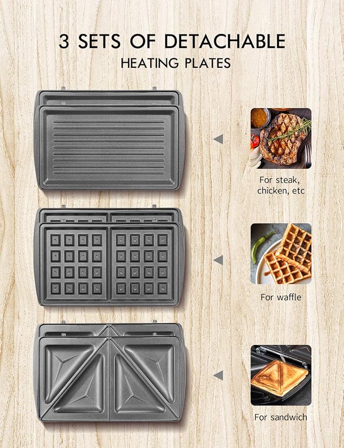 Yabano Sandwich Maker, 3 in 1 Waffle Maker, Toaster and Electric Panini Press - Image 3