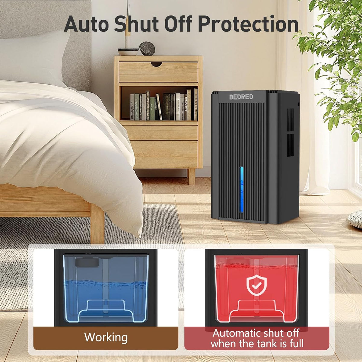 bedred dehumidifier, 95oz dehumidifier for home 1000 sq.ft, side view
