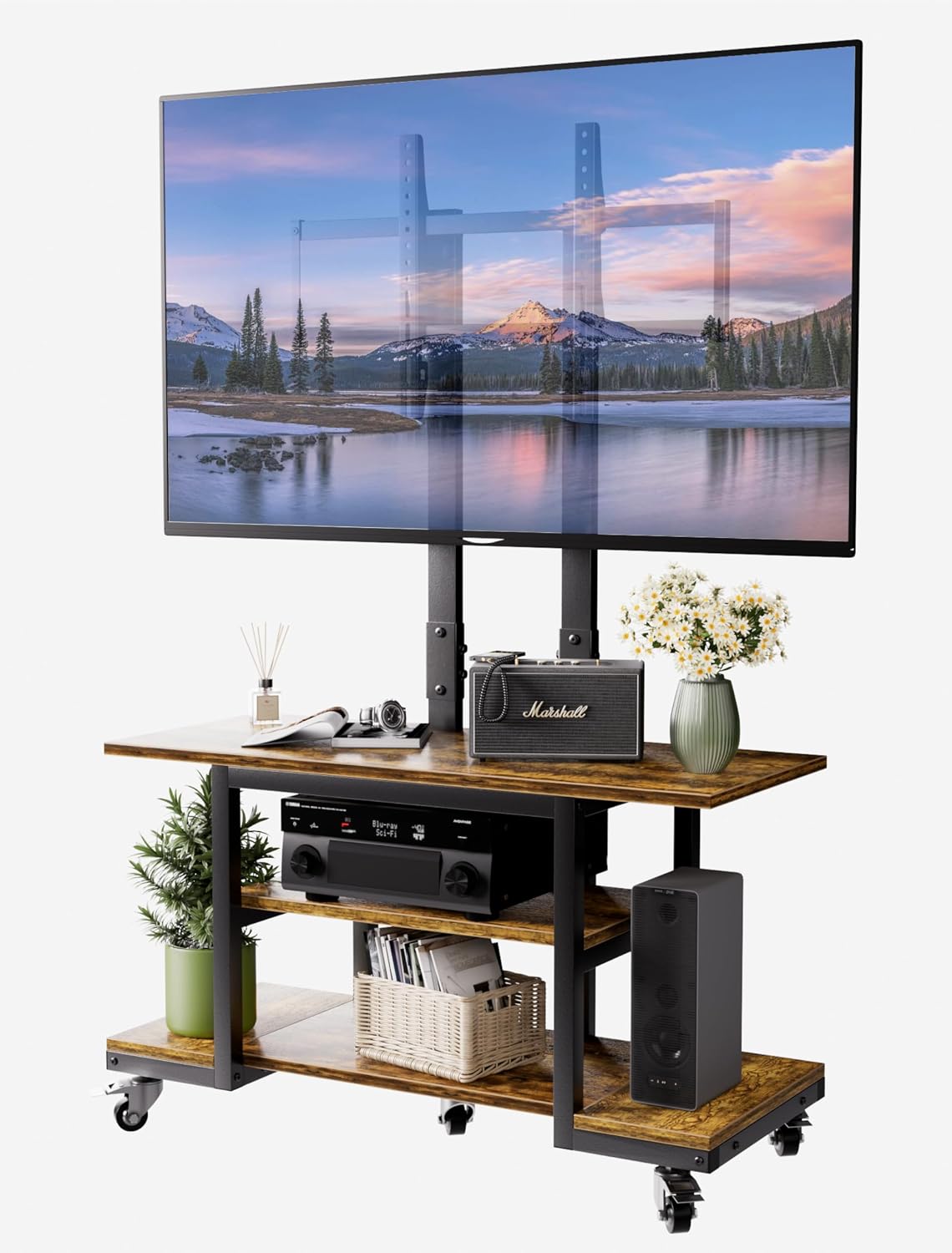 Heavy Duty Mobile TV Cart with 3-Tier Shelves, Height Adjustable Rolling TV S...