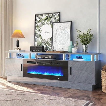 70 Inch Gray Electric Fireplace TV Stand, 2-Tier Media Console Fits TVs Up to - Image 2