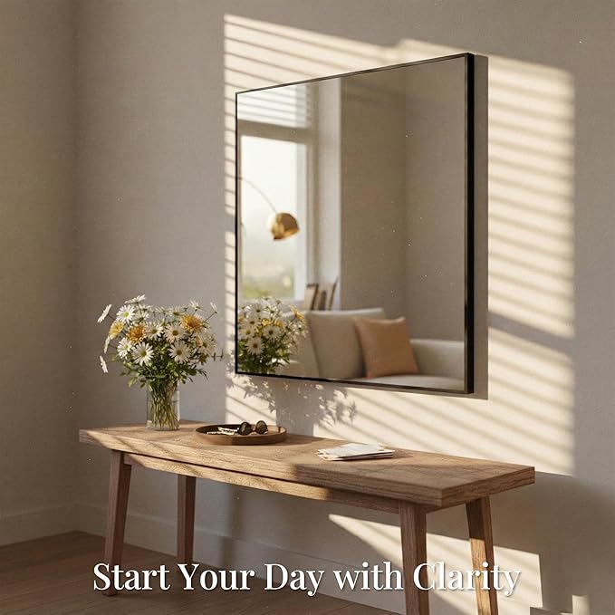 30''x30'' Square Black Bathroom Mirror, Matte Metal Framed Wall Mirror - Image 9