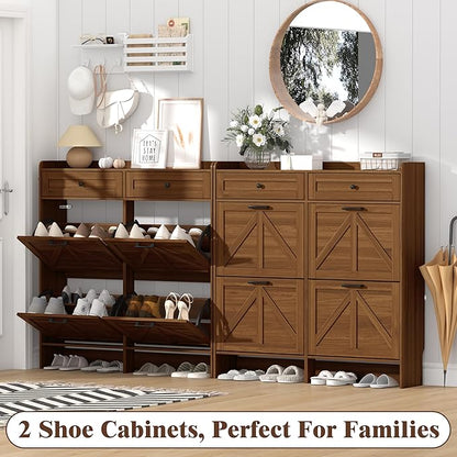 Shoe Cabinet with 4 Flip Drawers & 2 Storage Drawers, Rustic Farmhouse Narrow - Image 9