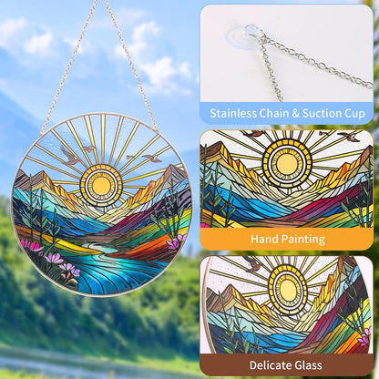 Sun Mountains Stained Glass Window Hanging, Sunrise & Sunset Design, Round Stained Glass Sun Catcher Window Hanging Decor, Handcrafted Art Panel for Indoor/Outdoor Light Catchers, Home Gifts (6inch)