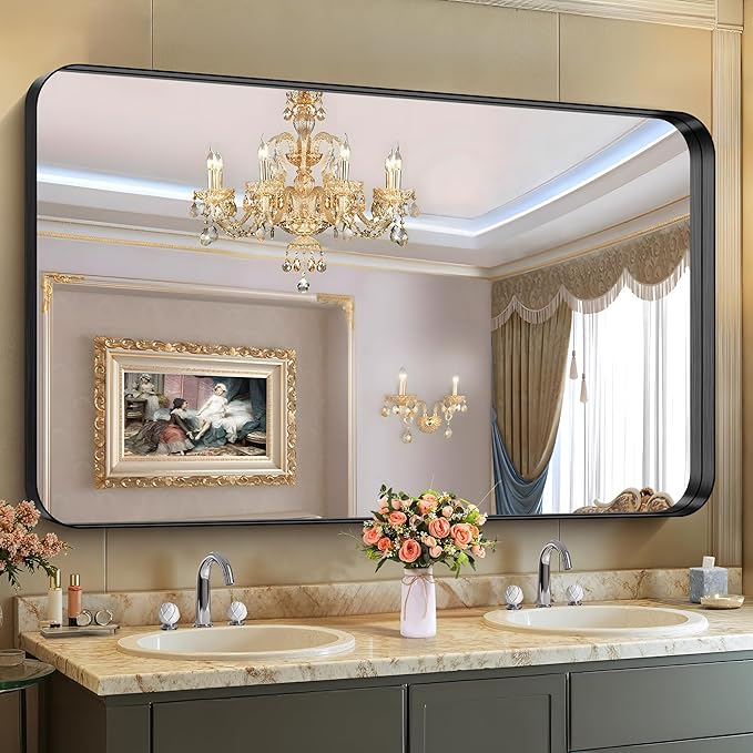 CIRCUMI Black Bathroom Mirror, Rounded Corner, Tempered Glass, Large Mirror by CIRCUMIMirror