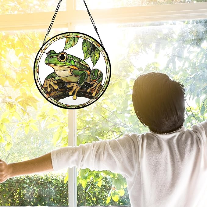 DASTOLL Stained Glass Window Hanging, Frog Green Leaf Sun Catchers Colorful - Image 3