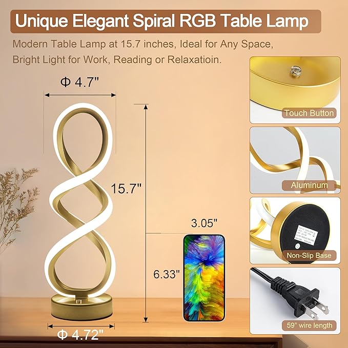 Modern Table Lamp, 7 Colors 10 Light Modes Spiral Design Table Lamp, Touch - Image 6