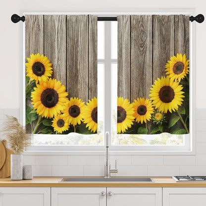 Sunflower Kitchen Curtains 36 Inch Length Farmhouse Window Short Tier Curtains Over Sink Set of 2, Wooden Board Flower Summer Vintage Small Kitchen Decor 26x36 Inch