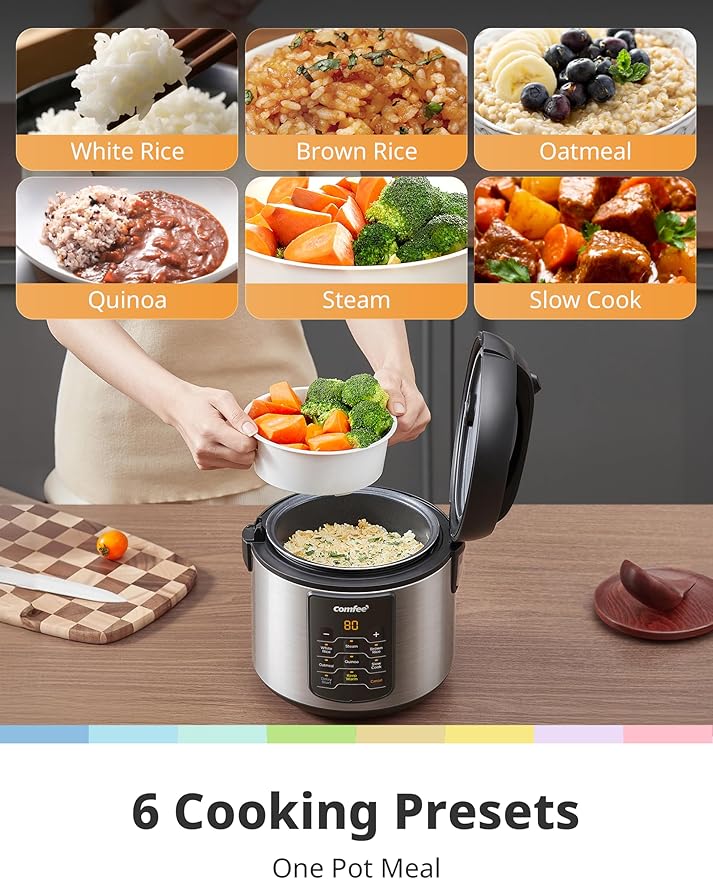 COMFEE' Compact Rice Cooker, 6-in-1 Stainless Steel Multi Cooker, Slow Cooker - Image 2