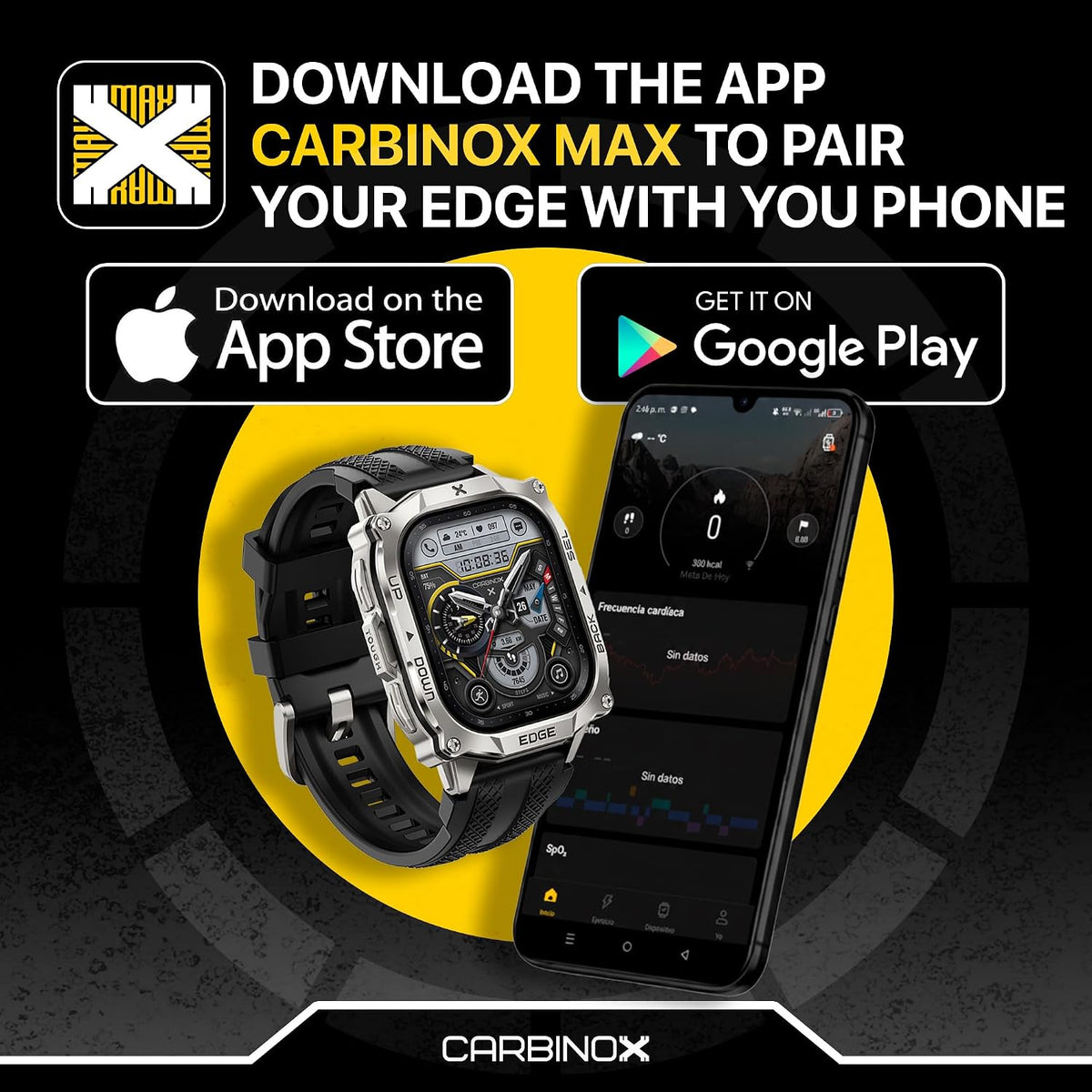 CARBINOX Edge Military Smart Watch for Men, Fitness Tracker, GPS, Black