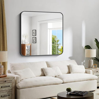 Bathroom Mirror, 39x39 inch Black Square Wall Mirror, Metal Frame Rounded - Image 3