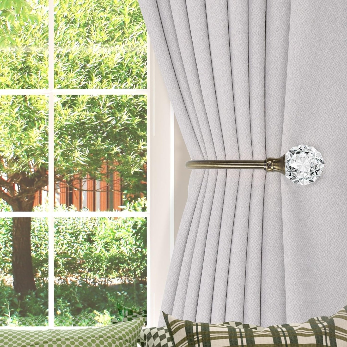 Groleca U Shaped Metal Curtain Holdbacks, Curtain Tiebacks, Antique Brass | Heavy Duty, Curtain Hook with Clear Crystal Ball, Curtain Holders, Stainless Steel, Pull backs for Drapery & Window Decor