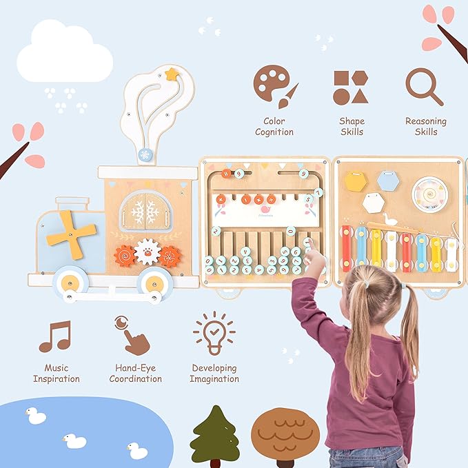 Train Activity Wall Busy Board, Wooden Montessori Sensory Toys, 12-in-1 - Image 3