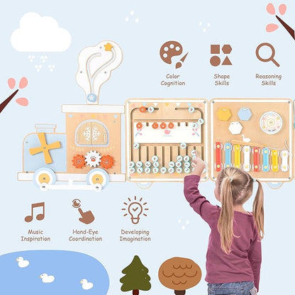 Train Activity Wall Busy Board, Wooden Montessori Sensory Toys, 12-in-1 - Image 3