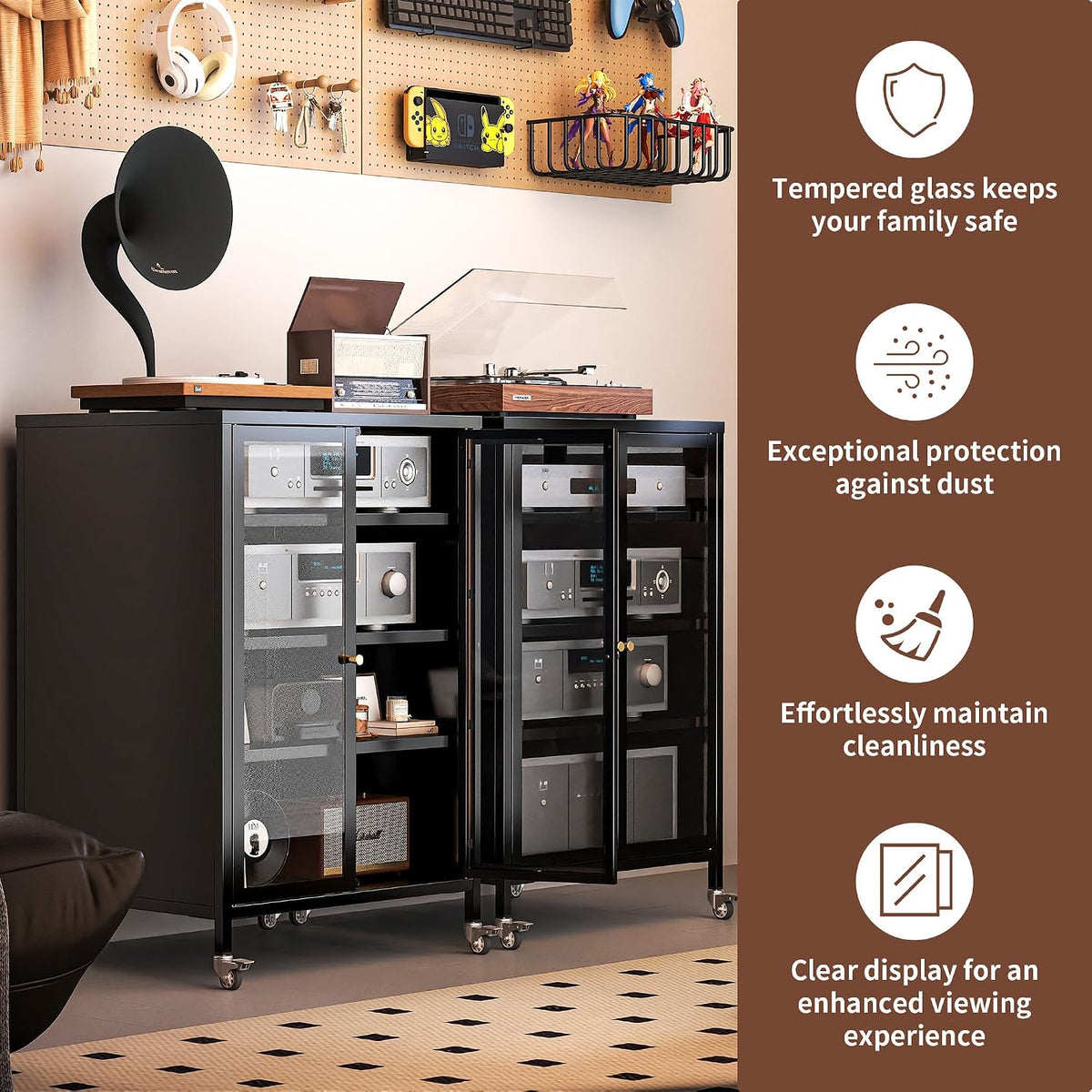 Heavy Duty 4-Tier Media Cabinet, Audio-Video Media Stand with Tempered Glass ...