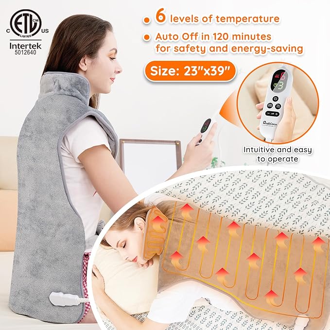 Mia&Coco Heating Pad for Neck Shoulders and Back, XL 23"x39" Soft Flannel Wrap - Image 3
