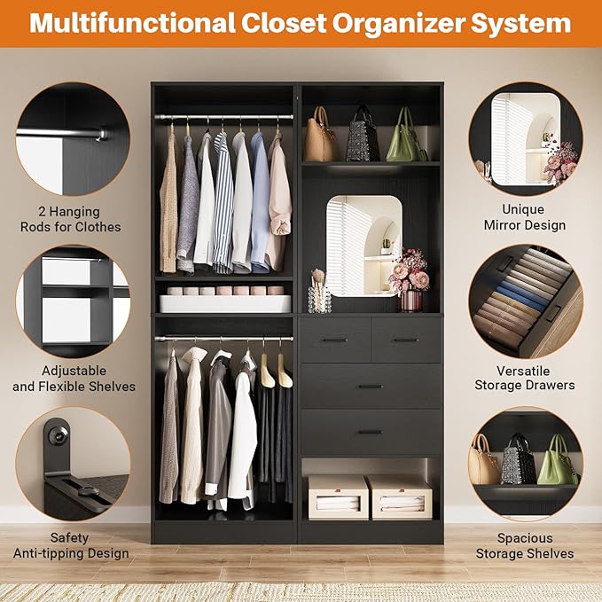 Unikito 50” Closet System with 4 Drawers, 4.2FT Wood Closet Organizer with - Image 2