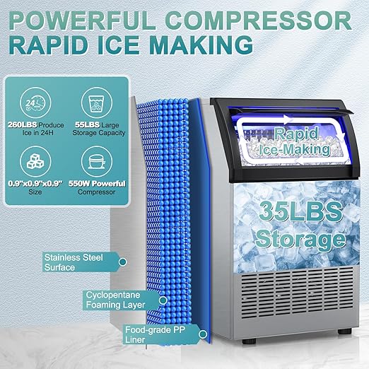 Commercial Ice Maker Machine 250 Lbs/24H, 35 Lbs Ice Bin, Undercounter Ice - Image 5