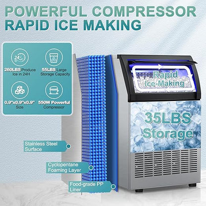 Commercial Ice Maker Machine 250 Lbs/24H, 35 Lbs Ice Bin, Undercounter Ice - Image 5
