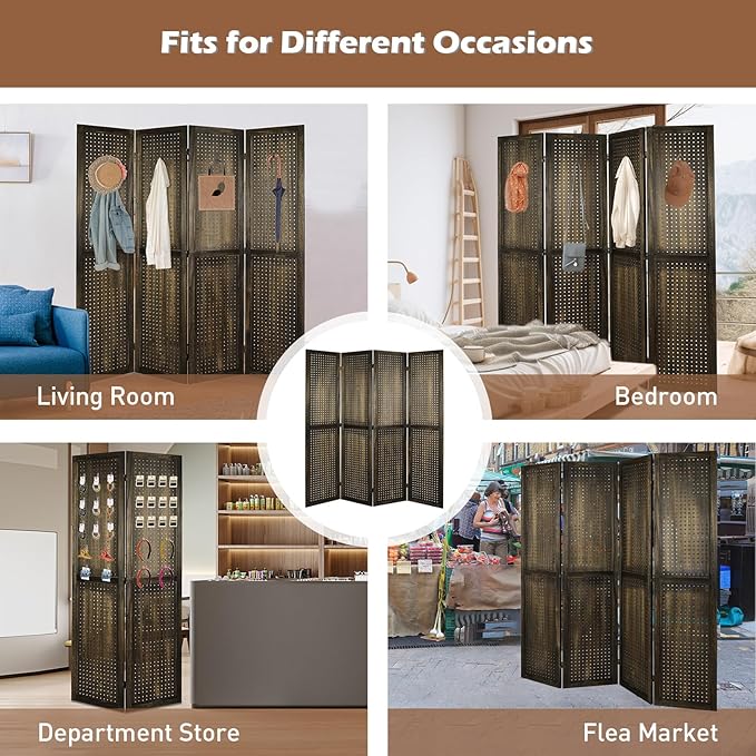 ECOMEX 4 Panel Room Divider, 5.6Ft Pegboard Display Wooden Room Divider Folding - Image 7