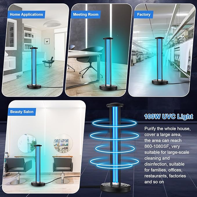 Qualirey UV Light with UV Safety Glasses, 100W Ozone Free UVC Light Home - Image 6